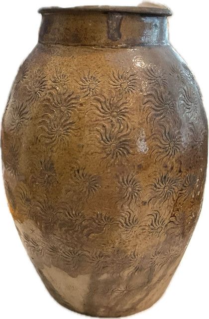 Vtg Brown Glazed Ceramic Jar W/ Textured Design 11.25"