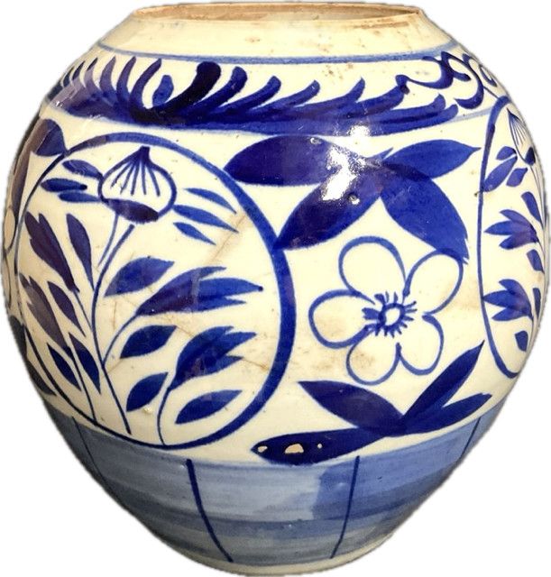 Blue &amp; White Vtg Round  Asian Jar Vase 8.25”