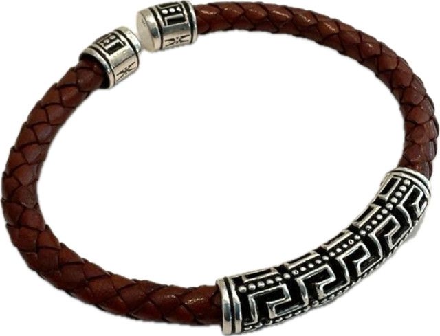 Brown Leather Braided Bracelet, Silver Greek Key Design