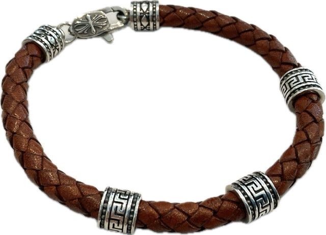 Bracelet, Brown Braided Leather Bracelet, 3 Silver Beads &amp; Clasp