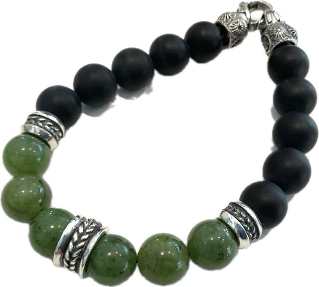 Bracelet, Black &amp; Green Jade Beads, Sterling Silver Rondelles and Clasp