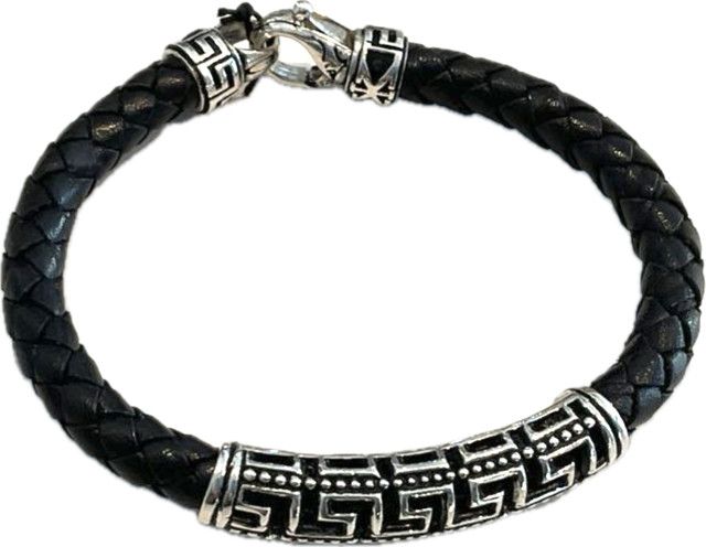 Bracelet, Black Braided Leather, Sterling Greek Key Bar
