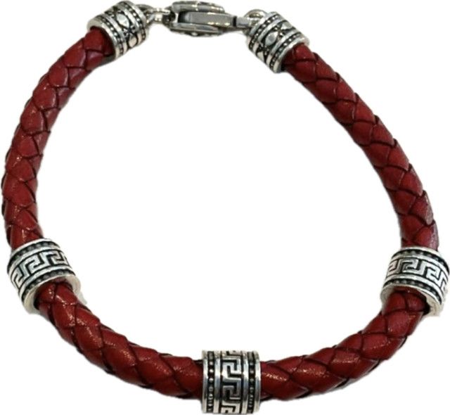 Bracelet, Braided Red Leather, 3 Sterling Rondelles