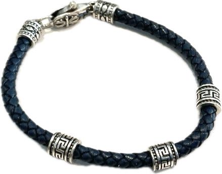 Bracelet, Navy Braided Leather, 3 Sterling Rondelles