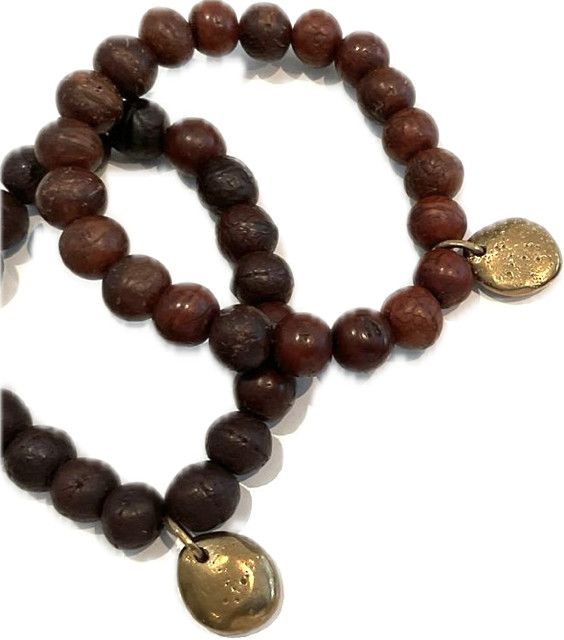 Wooden Bead Bracelet, Bronze Amulet