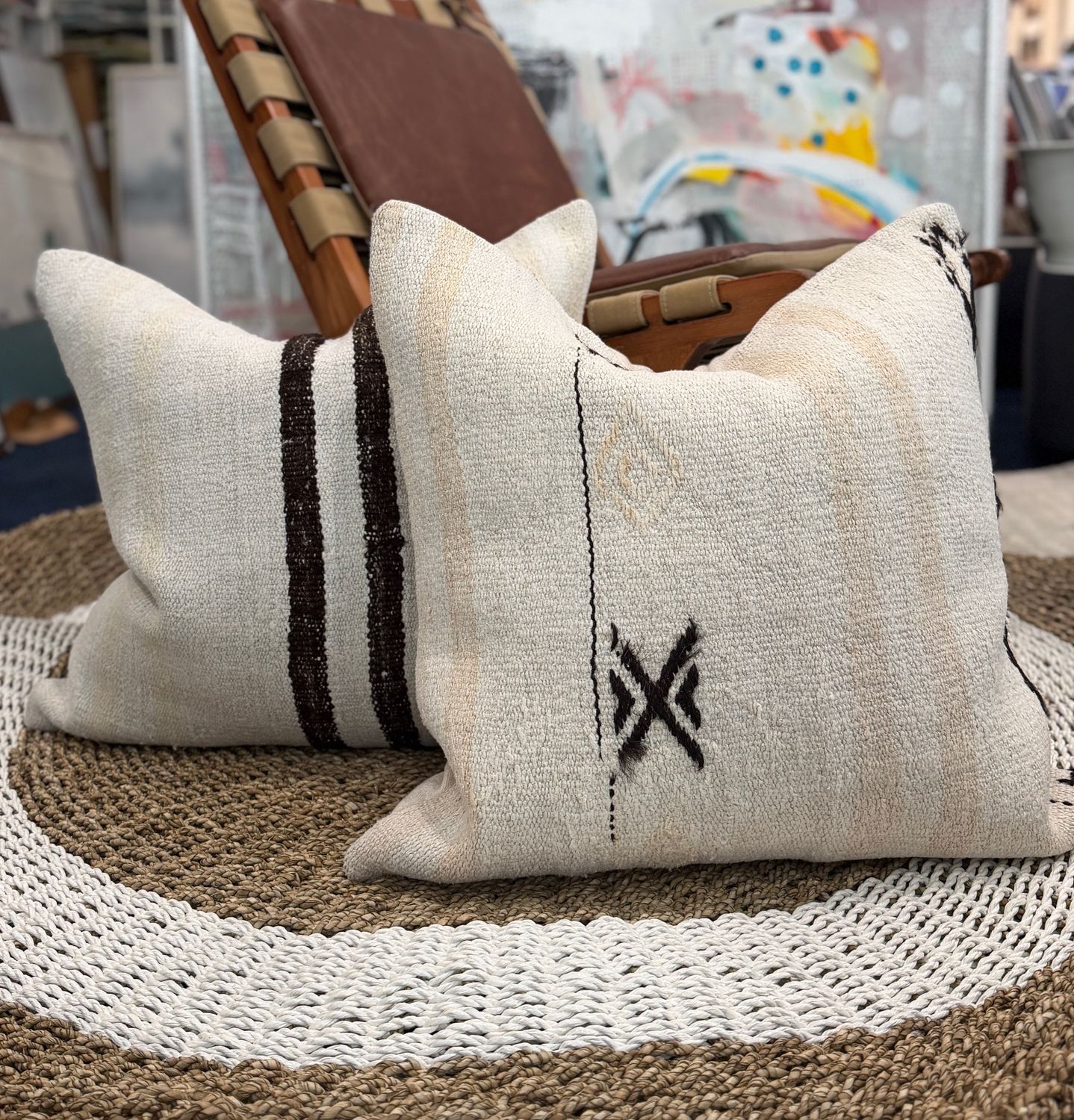 Pillow, 24" x 24", Tan w/ Brown Tribal Patterns, Vintage Rug Down &amp; Feather Insert