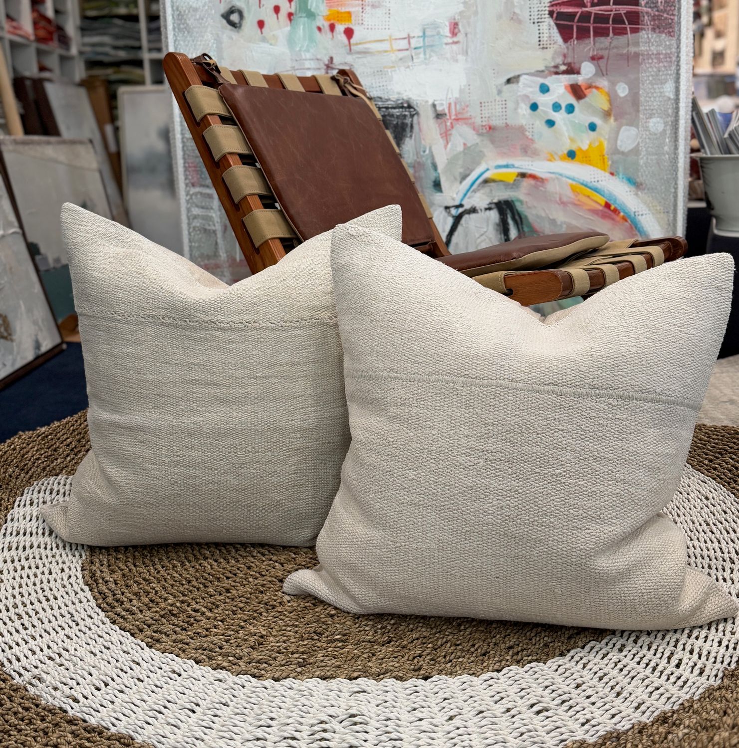 Pillow, 24" x 24", Beige or Ivory Vintage Rug, Hemp, Down &amp; Feather Insert