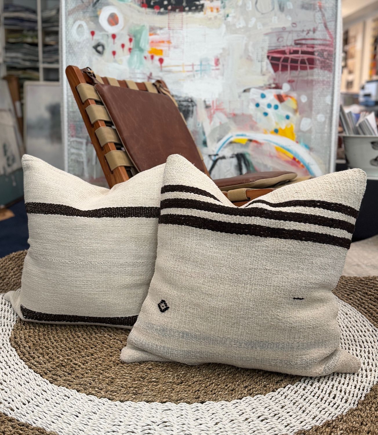 Pillow, 24" x 24", Ivory w/ Brown, hints of Blue, Vintage Rug, Down &amp; Feather Insert