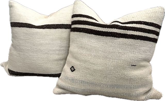 Pillow, 24" x 24", Ivory w/ Brown, hints of Blue, Vintage Rug, Down &amp; Feather Insert