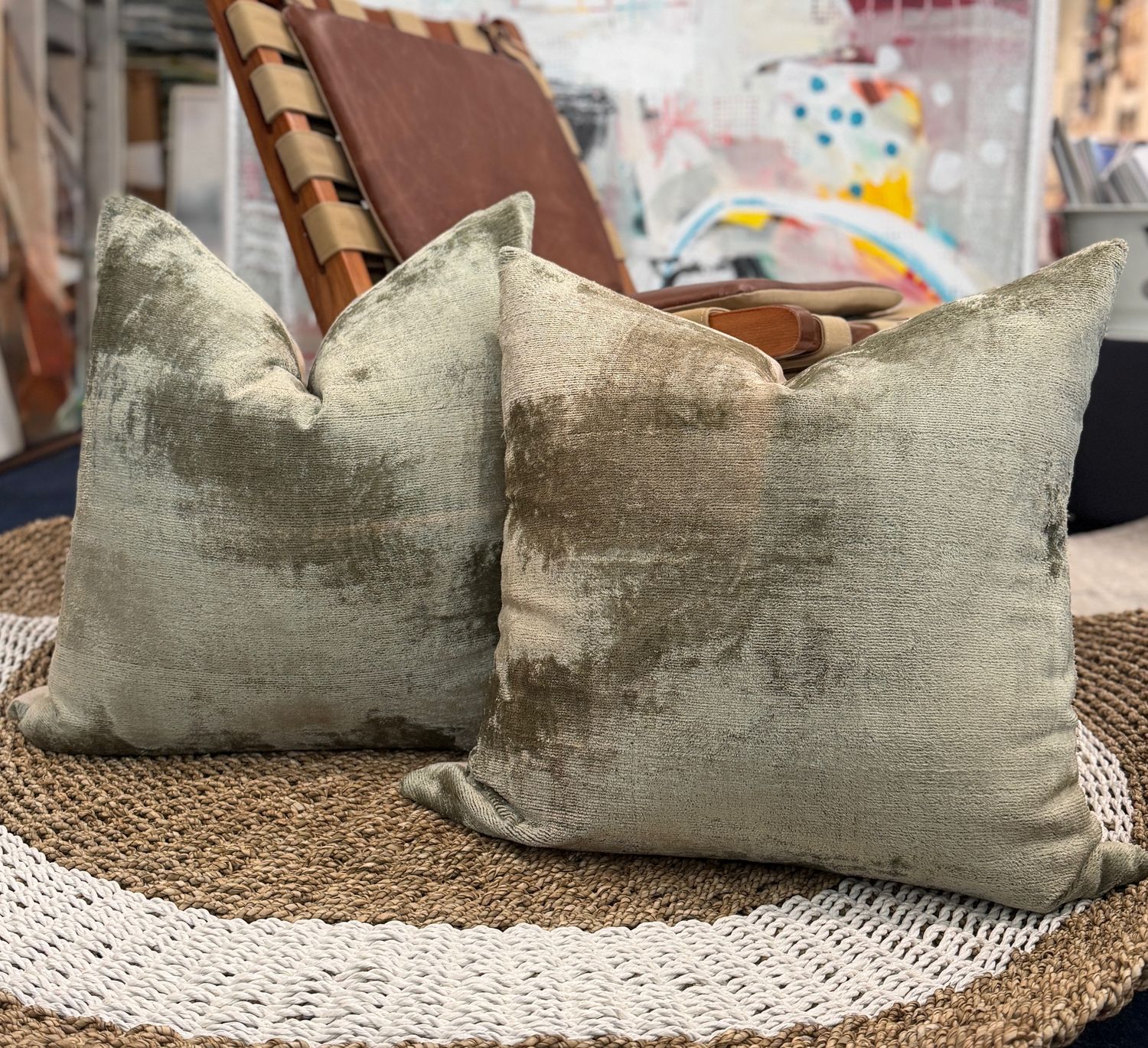 Pillow, 24" x 24", Sage Green. Plush Velvet w/ pink undertones, Down &amp; Feather Insert