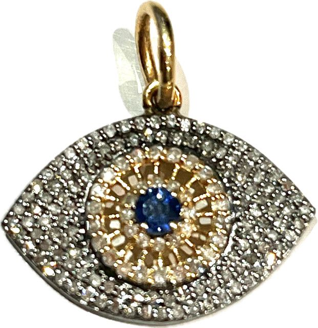 Charm, 14k and Sterling Evil Eye with pave Diamonds and center Sapphire