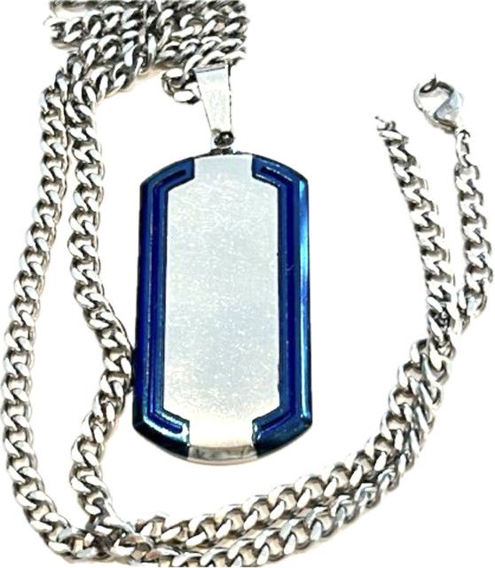 Necklace, Heavy Dog Tag, Silver with Blue Edges, Sterling Silver