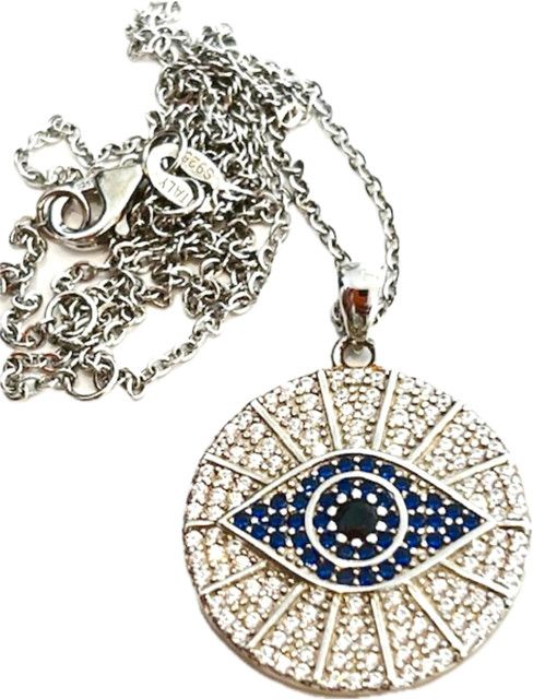 Necklace. Evil Eye, White Gold Plated on Sterling Silver, CZ Pave