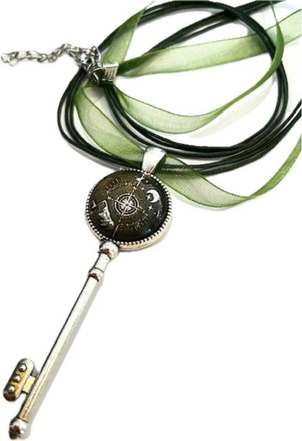 Necklace, Nautic Green Key Pendant, Sterling Silver on Green Chiffon