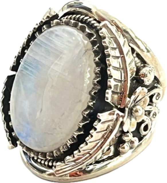 Ring, Sz 8, Moonstone Floral Design, Sterling Silver