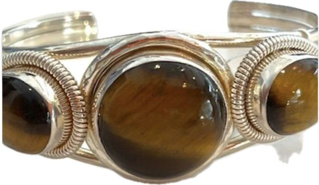 Bracelet, Vintage Tiger Eye Cuff, Sterling Silver
