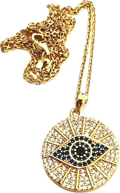 Necklace. Evil Eye, Yellow Gold Plated on Sterling Silver, CZ Pave