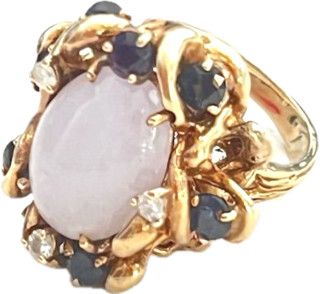 8s Ring, 14kYG 5.15ct Lavendar Jade, .60cttw (3) Amethyst, (5) 1.75cttw Saph, (3) .17 Dia, VTG