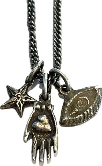 Necklace, 18" Chain w/ 3 Charms, Sterling Silver Oxidized , Hand, Evil Eye, Star, Curb Link
