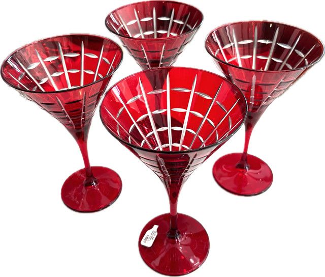 Set of 4, Red Martini Glasses, Signed, Cut to Clear Glass