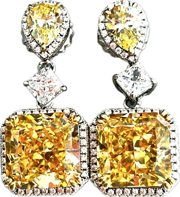 Earrings, Sterling, 3 Stone Cushion &amp; Pear Citrines, CZ