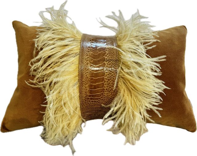 Lumbar Pillow Ostrich Trim, Spiced Pumpkin Velvet 22" x 14"