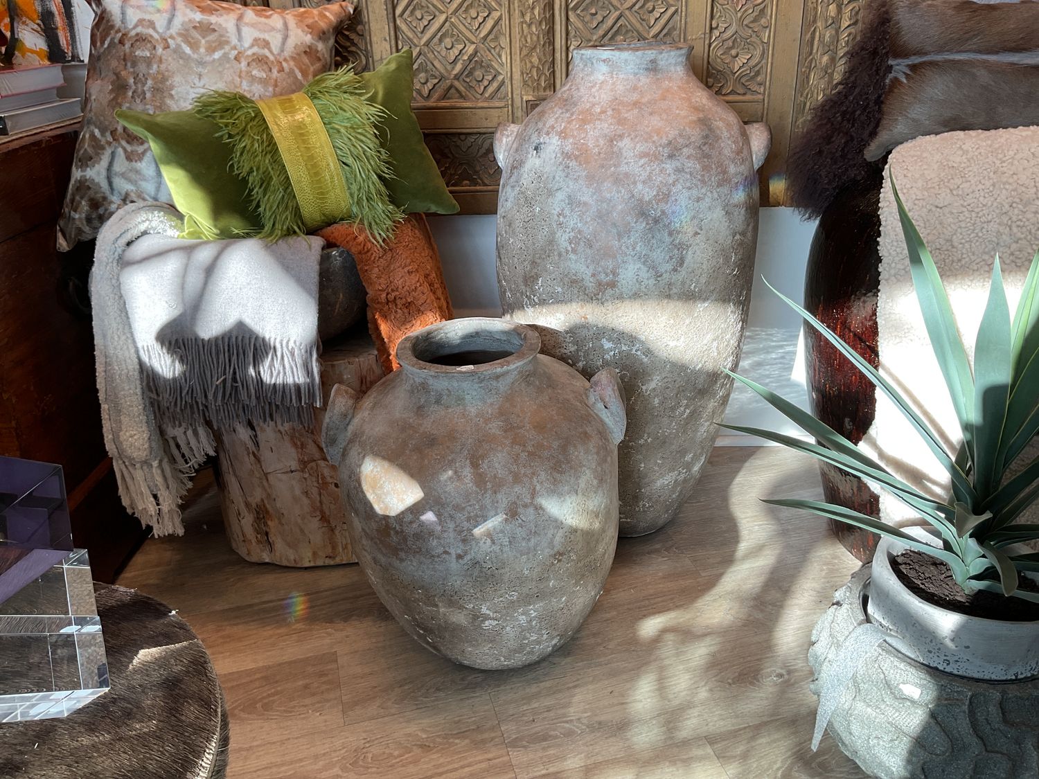 SOLD Set of Two Distressed Vases with Handles, Tan