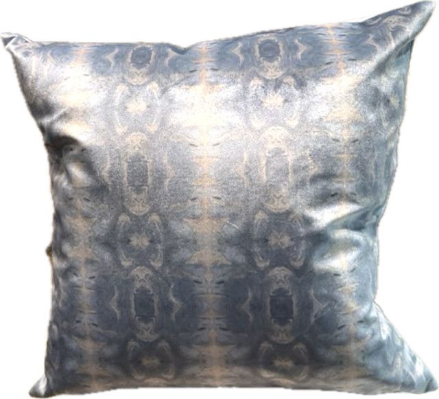 Pillow, Lt Blue &amp; Gray Velvet, London, 22” Sq. Inc Down Insert