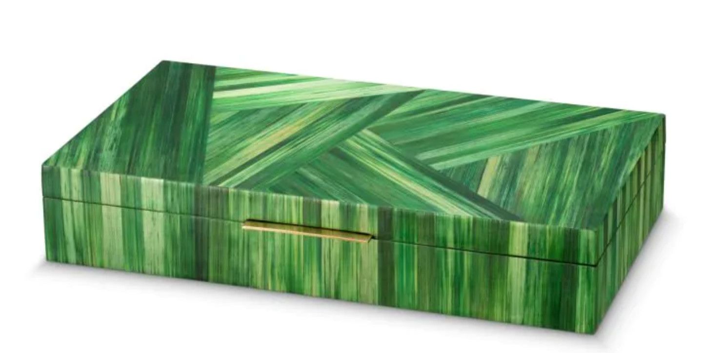 Box, Green Straw Marketry with Hinged Lid L. 12.99″ W. 7.48″ H. 2.56″