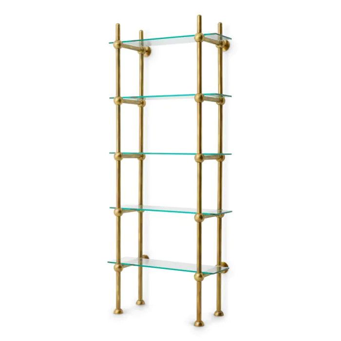 Wall-Mounted Etagere, 39.5"x 94.5"x 19.25, Antique Brass Finish, 1/2" thick Glass Shelves