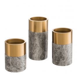 Set/3 Pillar Candle Holder Marble Brushed Brass Graduated H6.30, 7.88 &amp; 9.84"