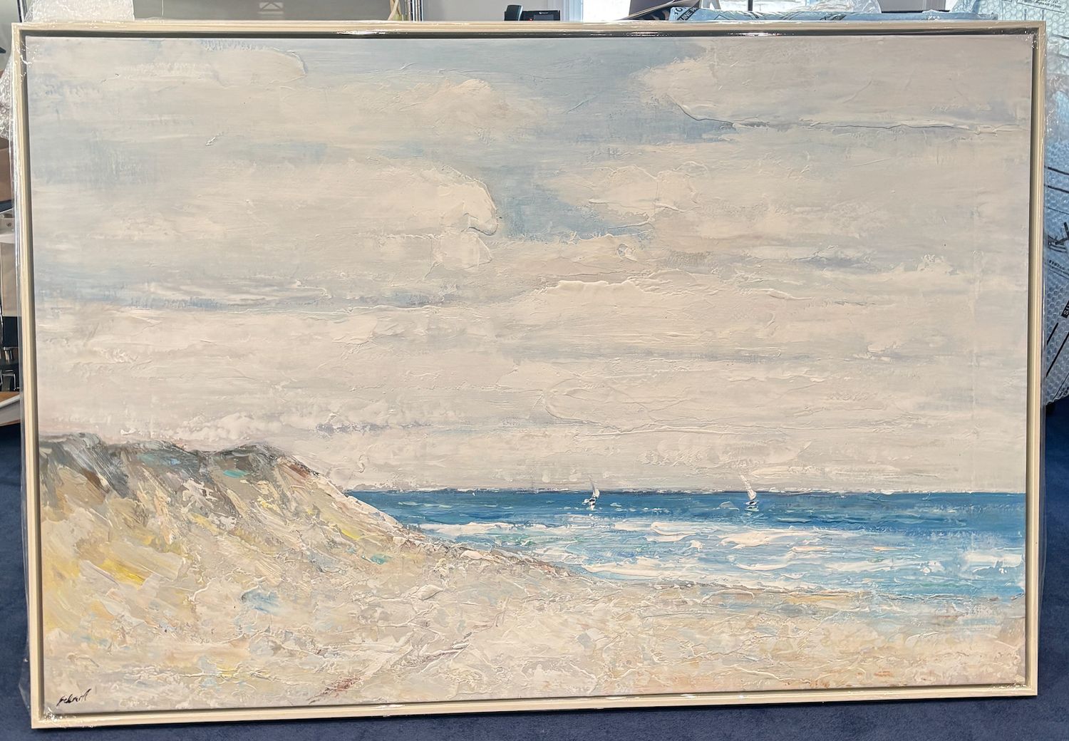 Original Art, 40 x 60 , Abstract Beach with Sailboats, Off-white Frame