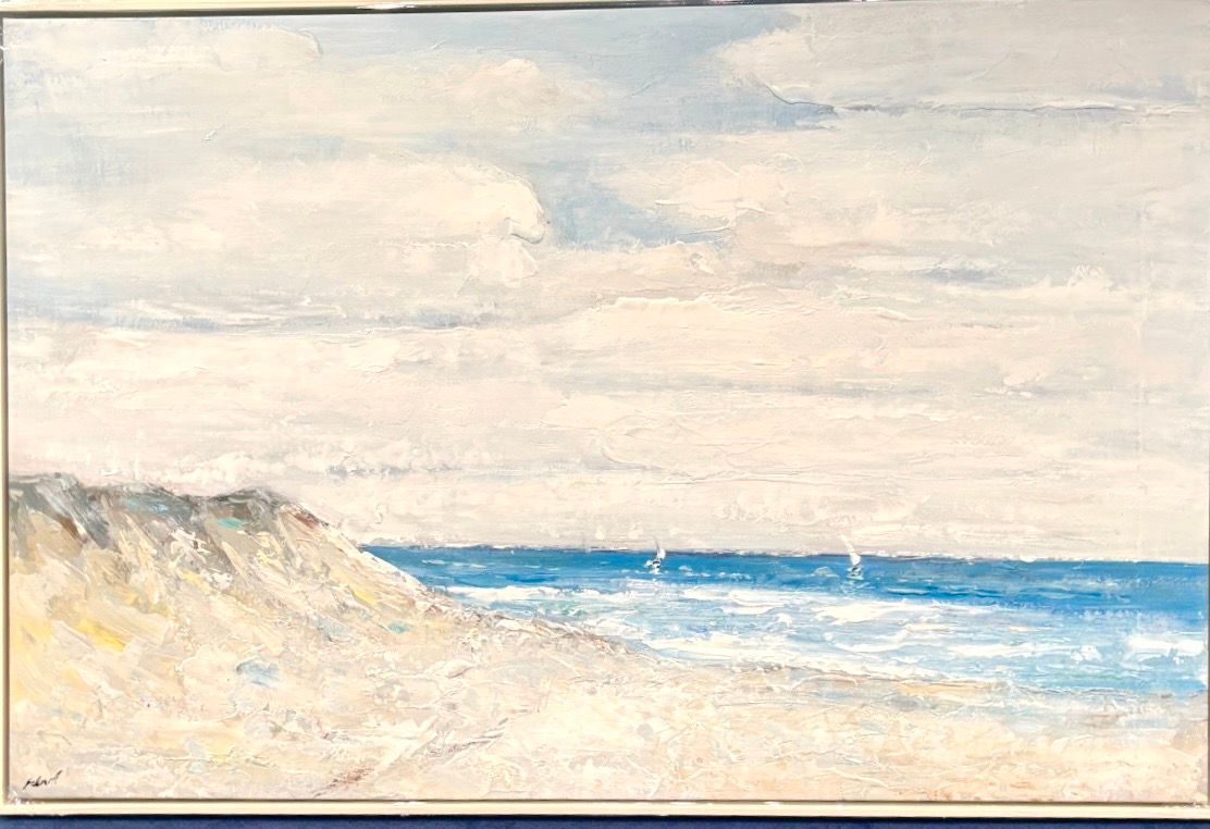 Original Art, 40 x 60 , Abstract Beach with Sailboats, Off-white Frame