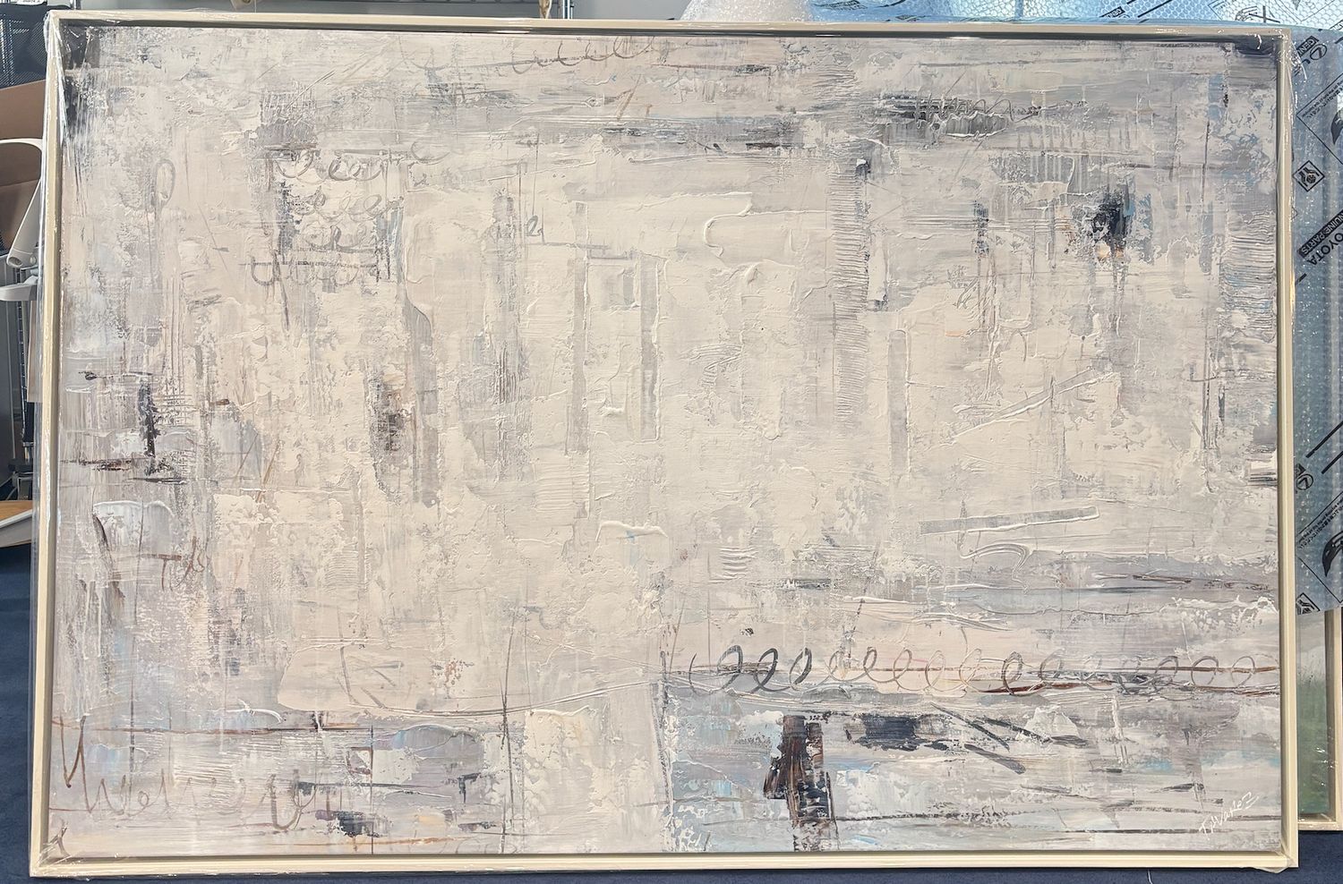 Original Art, 40 x 60 framed Abstract, Wh/Gry/Coils