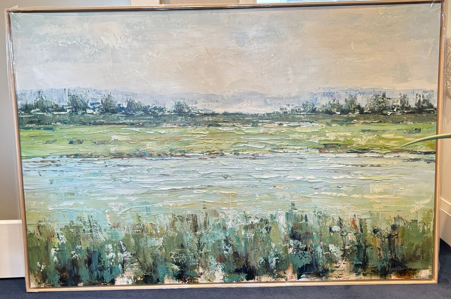 Original Art, 40 x 60  Green Meadow and Stream, Abstract Landscape, Natural Wood Frame