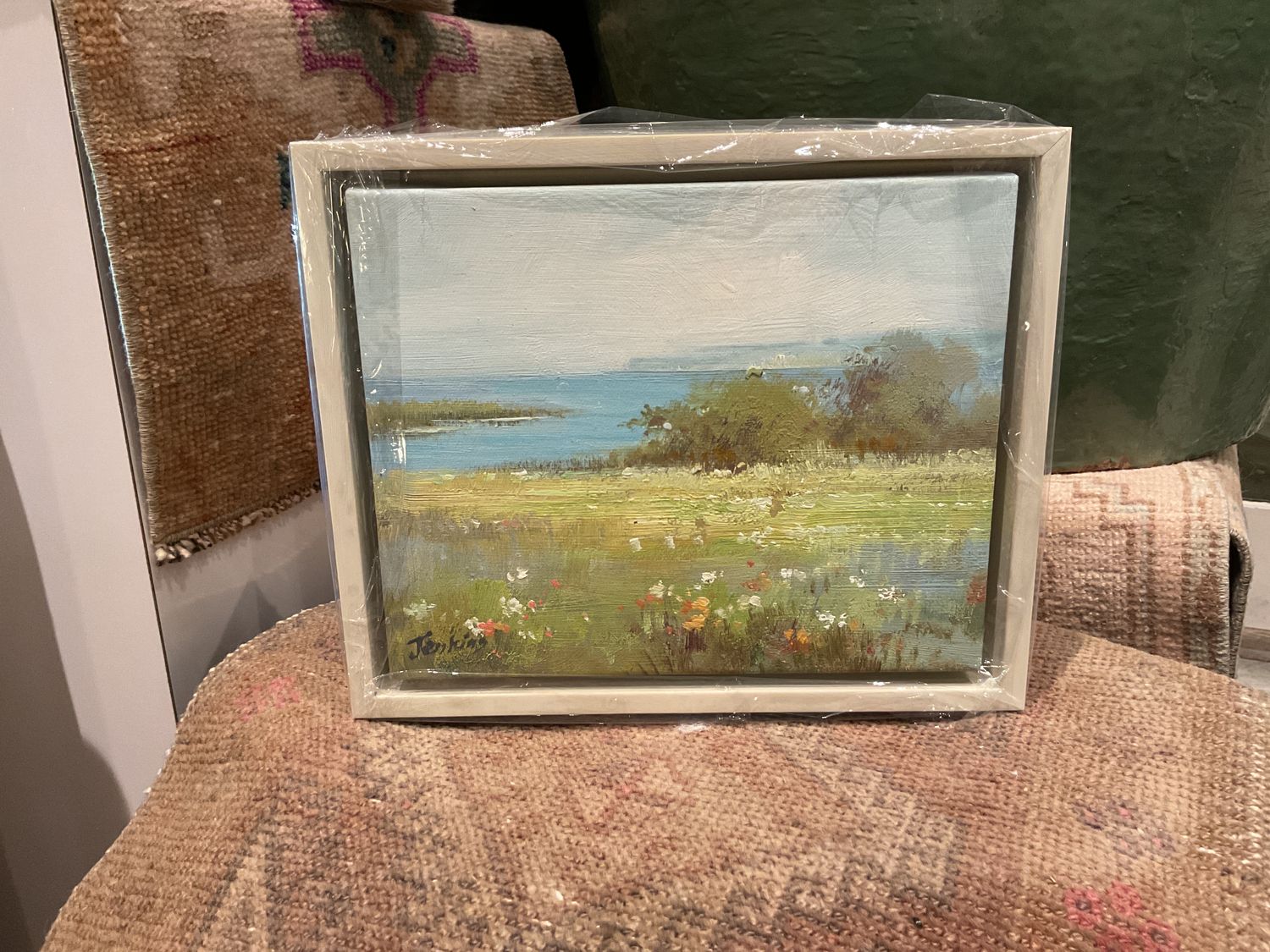 Original Art, 8 x 10 framed landscape, Flowers, Off- White frame