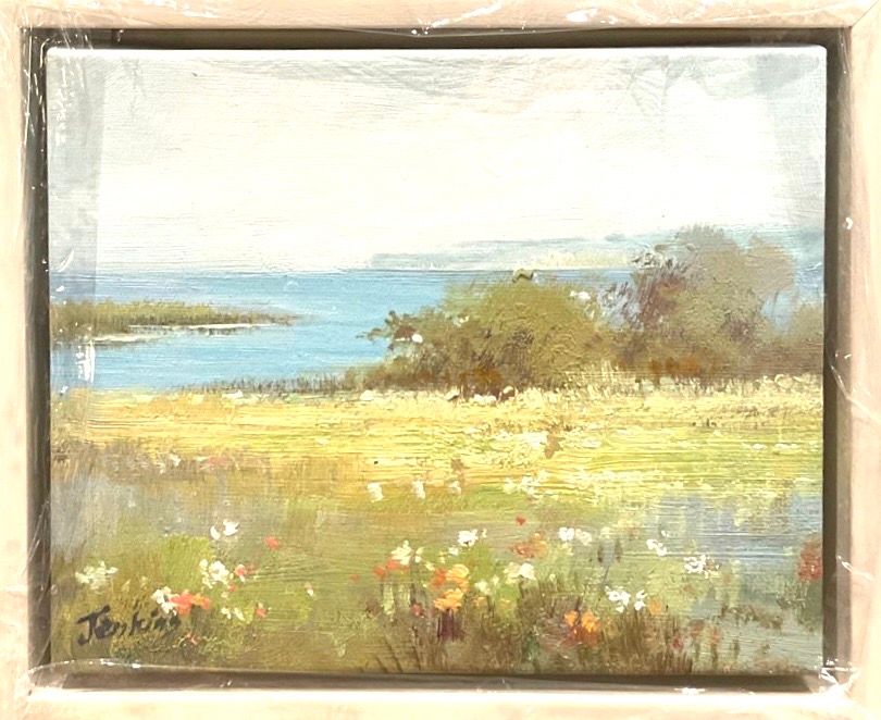 Original Art, 8 x 10 framed landscape, Flowers, Off- White frame