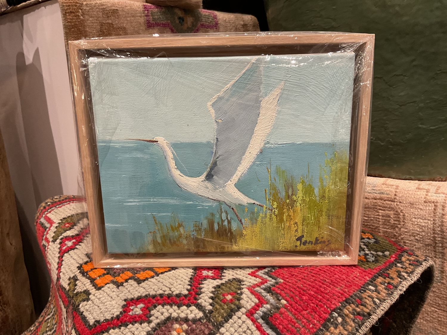 Original Art, 8 x 10 framed landscape,Heron, Natural Wood Frame