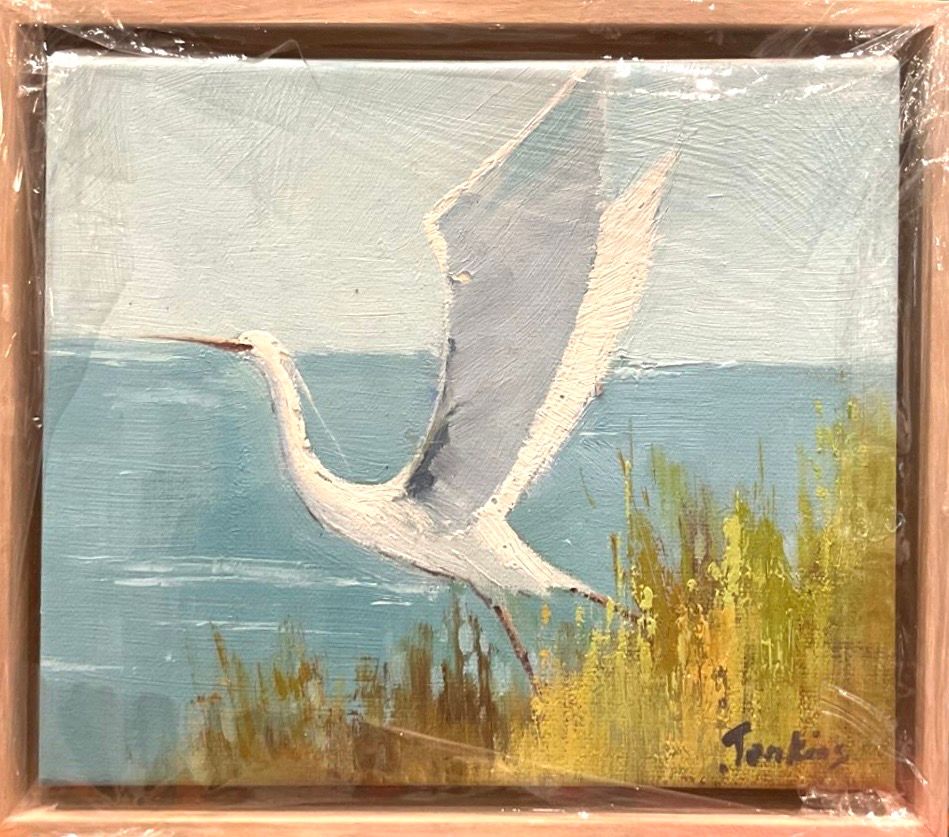 Original Art, 8 x 10 framed landscape,Heron, Natural Wood Frame