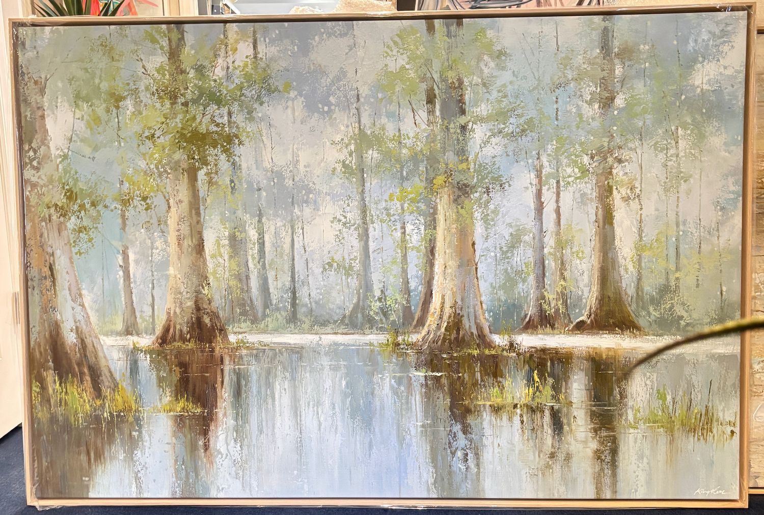 Original Art, 40 x 60 framed, Tall Trees in Marsh, Natural Wood Frame