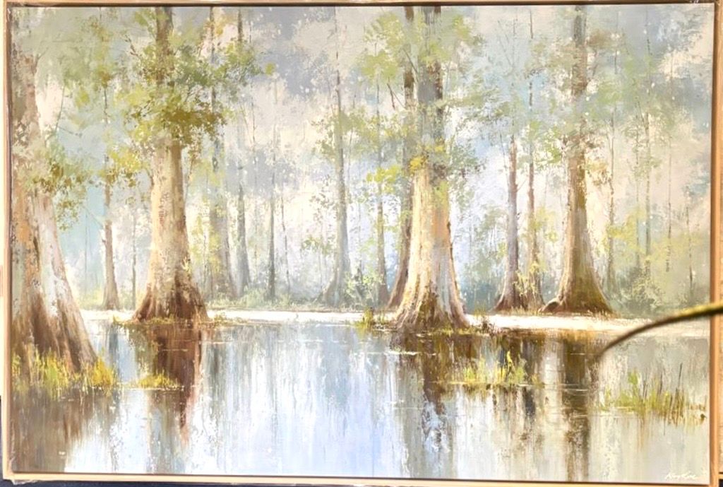 Original Art, 40 x 60 framed, Tall Trees in Marsh, Natural Wood Frame