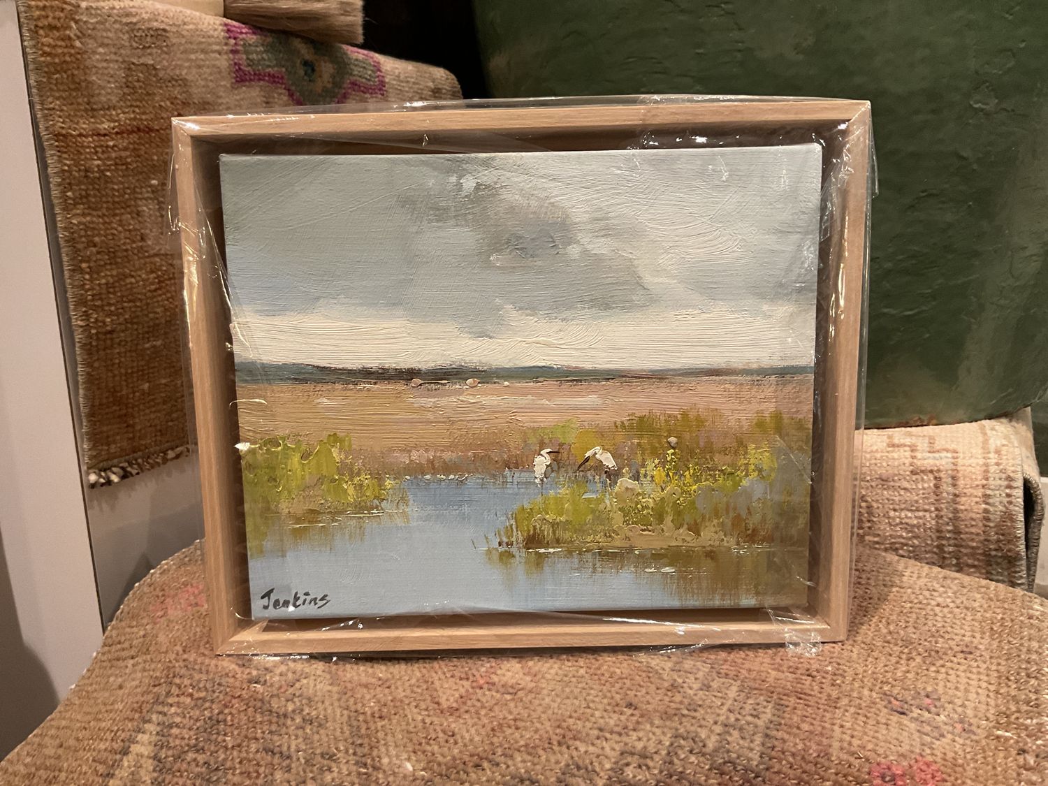 Original Art, 8 x 10 Two Egrets ,Natural Wood Frame