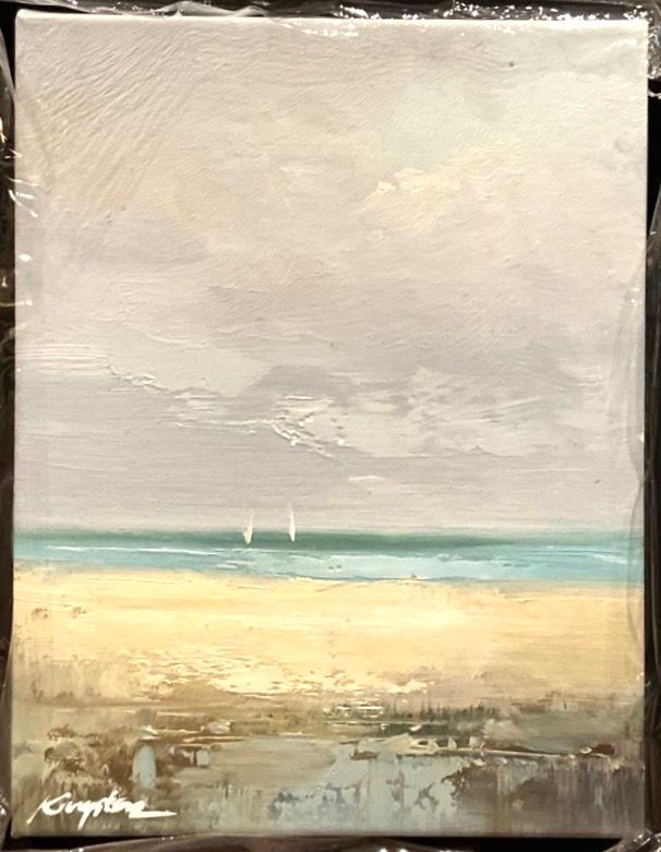Original Art, 8 x 10 framed landscape, Dr Gray Frame, Beach. Sailboats