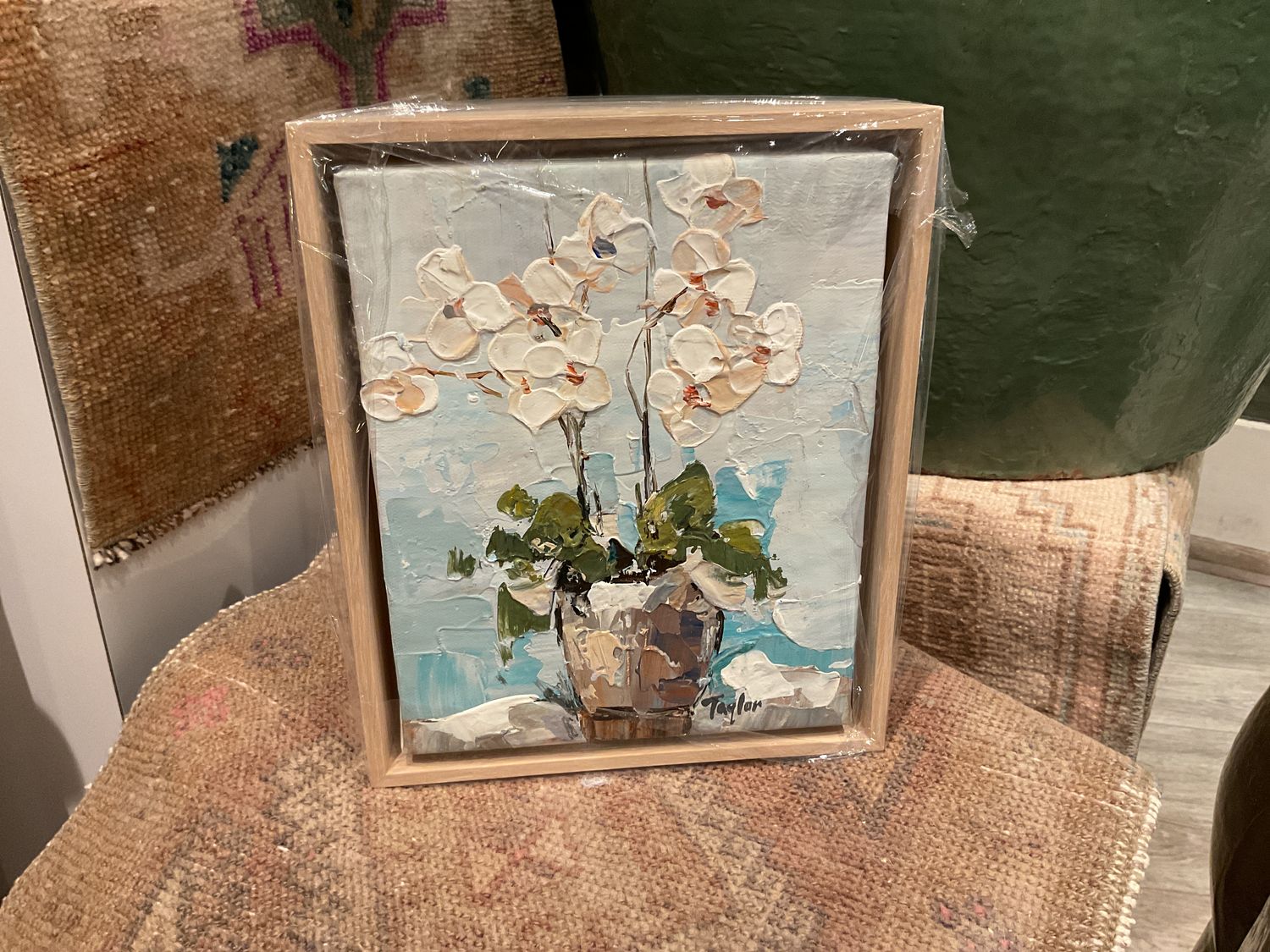 Original Art, 8 x 10 framed abstract, Orchid in Pot, Natural Wood Frame