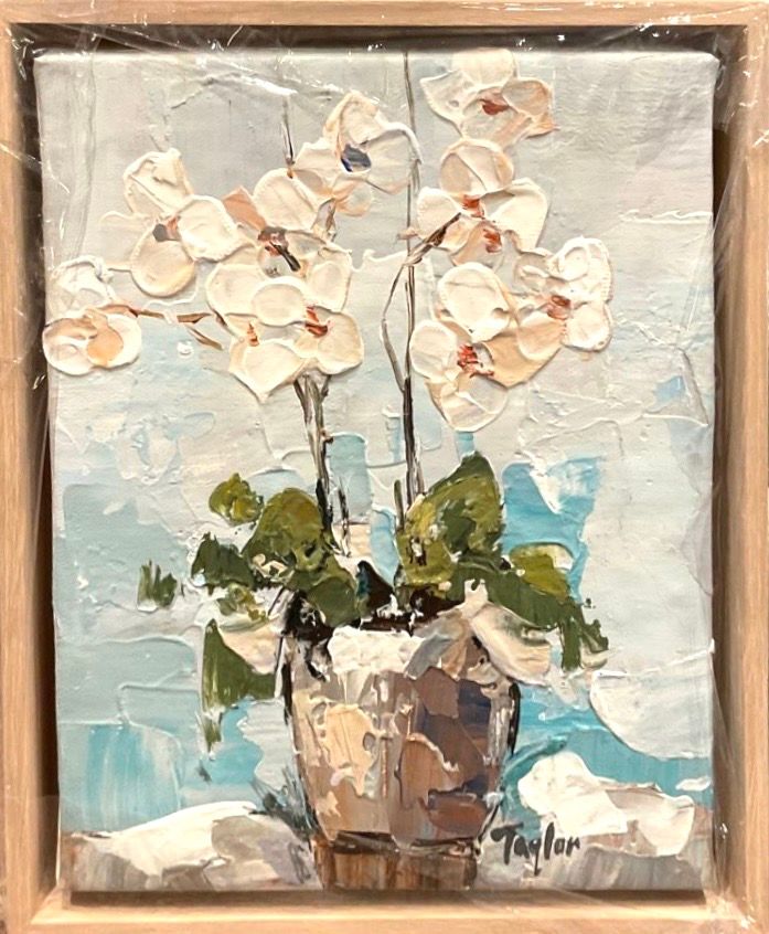 Original Art, 8 x 10 framed abstract, Orchid in Pot, Natural Wood Frame