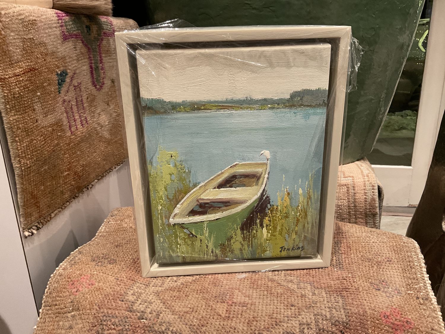 Original Art, 8 x 10 Dinghy with Heron,Off-white Frame