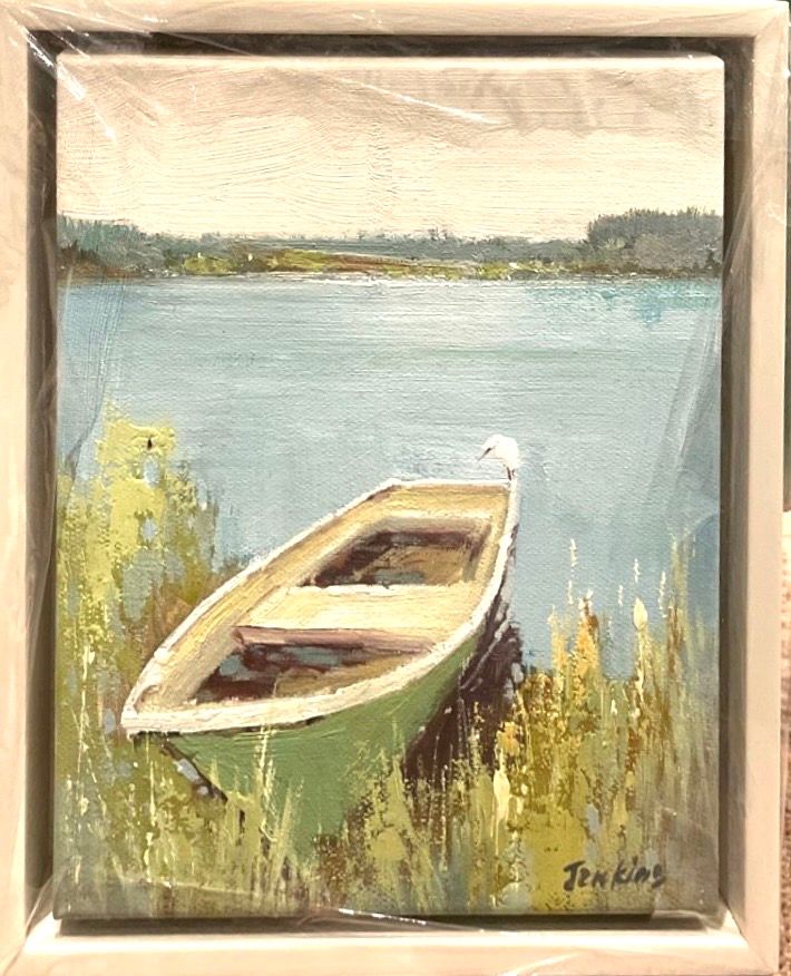 Original Art, 8 x 10 Dinghy with Heron,Off-white Frame