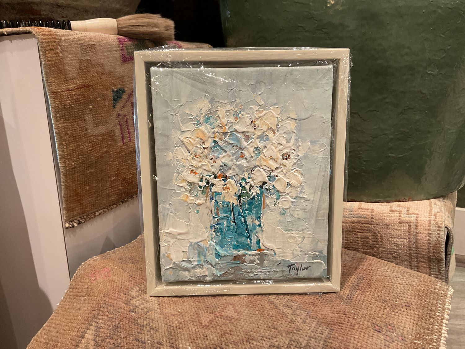 Original Art, 8 x 10 Abstract White Flowers, Blue Vase, Off- white frame