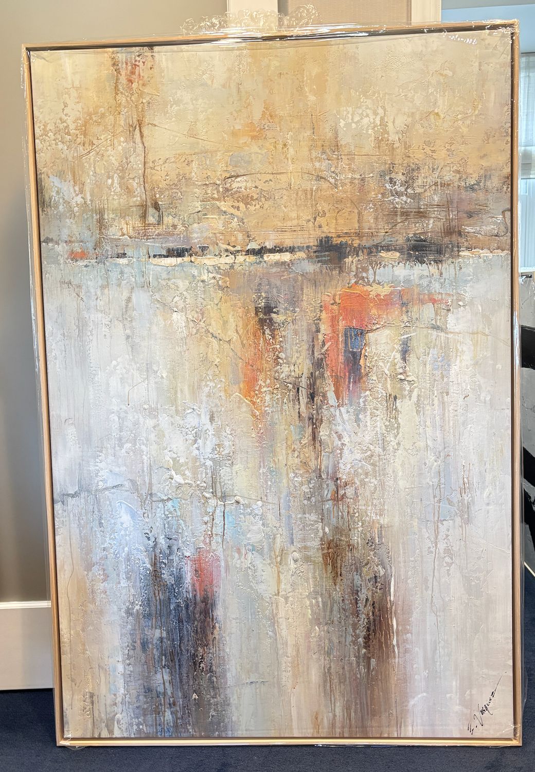 Original Art, 40 x 60 Abstract Warm Tones, Terracotta, Natural Wood Frame