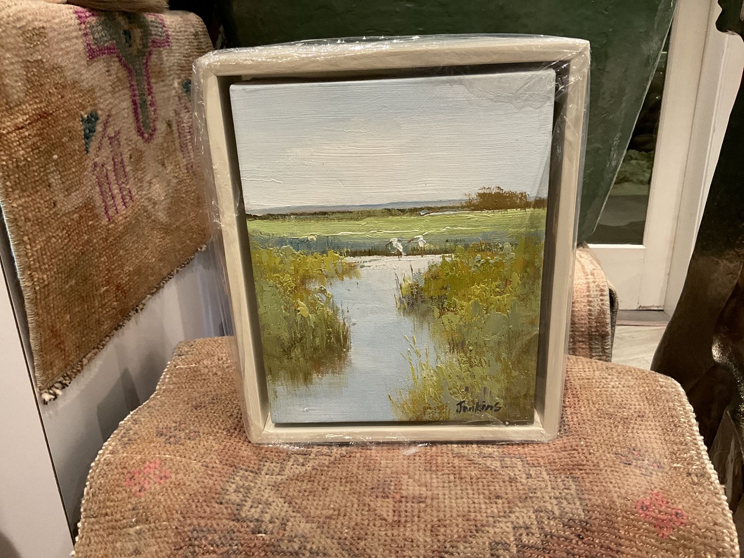 Original Art, 8 x 10 , Two Egrets in Marsh, Off- White frame